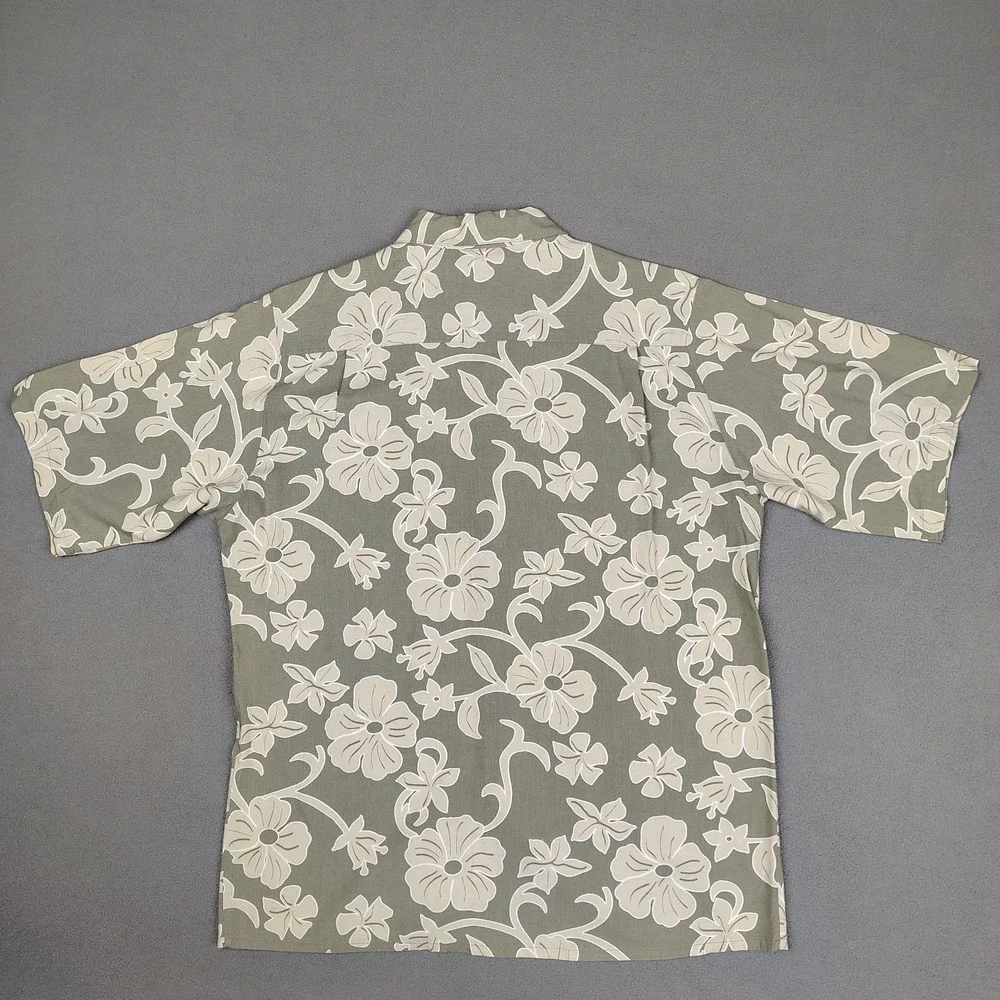 VINTAGE Hana Bay Hawaiian Shirt Medium Relaxed Sage Green Floral Print Cruise EC